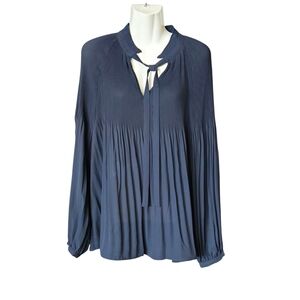 Black Pleated Tie Neck Long Sleeve Blouse Top